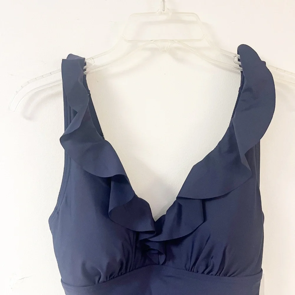 Dkny Blue Ruffled One Piece Swimsuit V Neck Adjustable Strap Size Small NWT - Picture 2 of 11